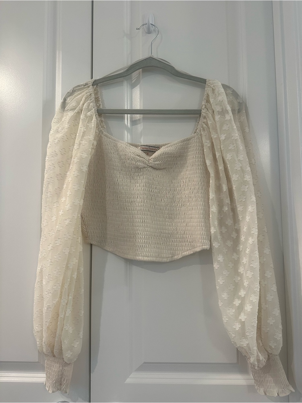 Flying Tomato Bohemian style cream smocked long-sleeve Puff-Sleeve Crop Top